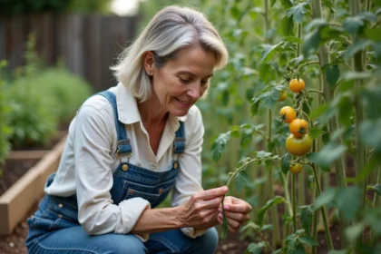 Femme en salopette denim dans un jardin potager