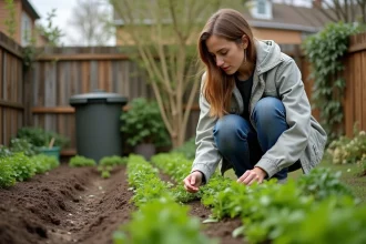 Jeune femme en jardinage semant du persil dans son jardin