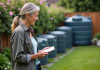 Taille idéale récupérateur eau pluie: comment choisir ? Femme d'âge moyen dans un jardin étudie des réservoirs d'eau de pluie