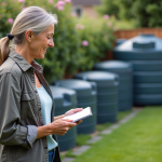 Taille idéale récupérateur eau pluie: comment choisir ? Femme d'âge moyen dans un jardin étudie des réservoirs d'eau de pluie