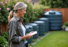 Taille idéale récupérateur eau pluie: comment choisir ? Femme d'âge moyen dans un jardin étudie des réservoirs d'eau de pluie