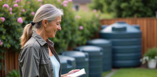 Taille idéale récupérateur eau pluie: comment choisir ? Femme d'âge moyen dans un jardin étudie des réservoirs d'eau de pluie