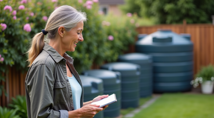 Femme d'âge moyen dans un jardin étudie des réservoirs d'eau de pluie