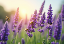Champ de lavande en fleurs avec des abeilles butinant sous un ciel bleu