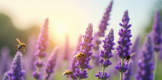 Champ de lavande en fleurs avec des abeilles butinant sous un ciel bleu