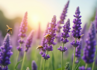 Champ de lavande en fleurs avec des abeilles butinant sous un ciel bleu