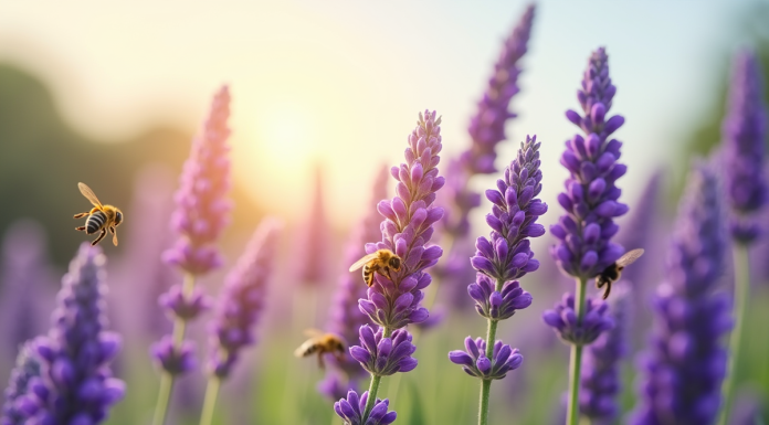 Champ de lavande en fleurs avec des abeilles butinant sous un ciel bleu