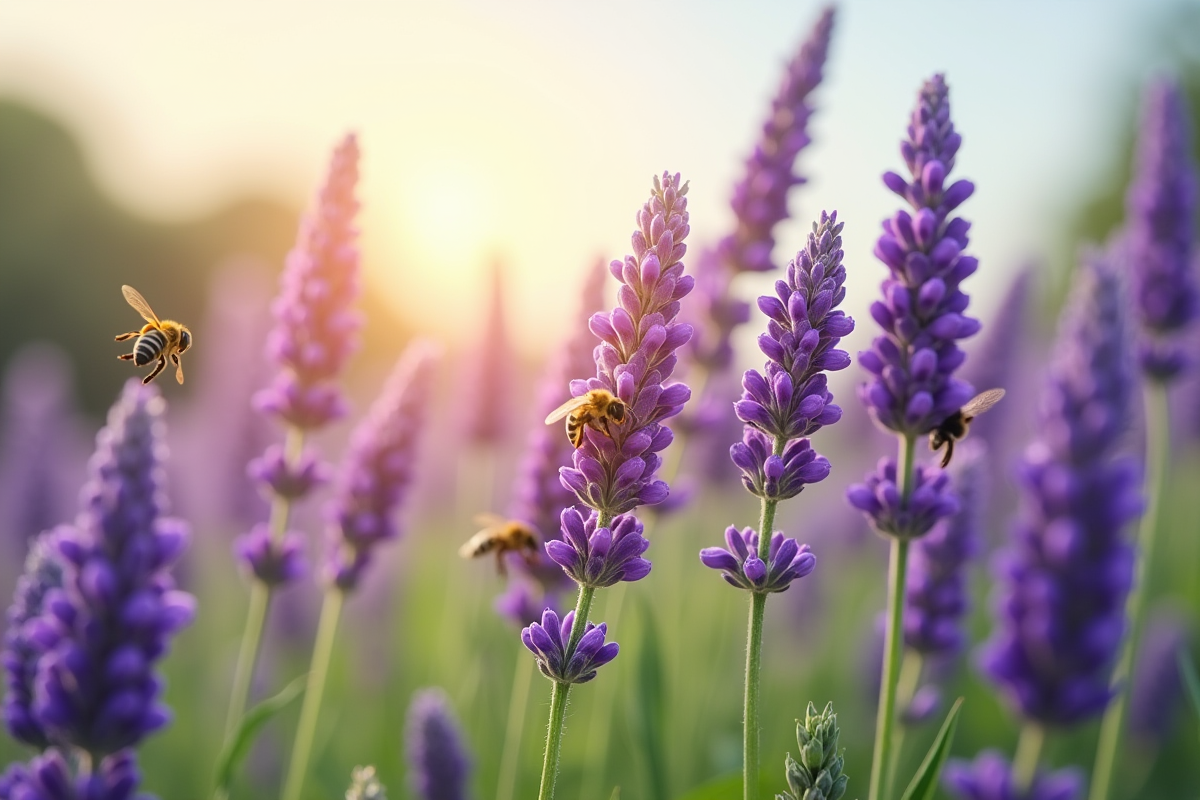 Champ de lavande en fleurs avec des abeilles butinant sous un ciel bleu