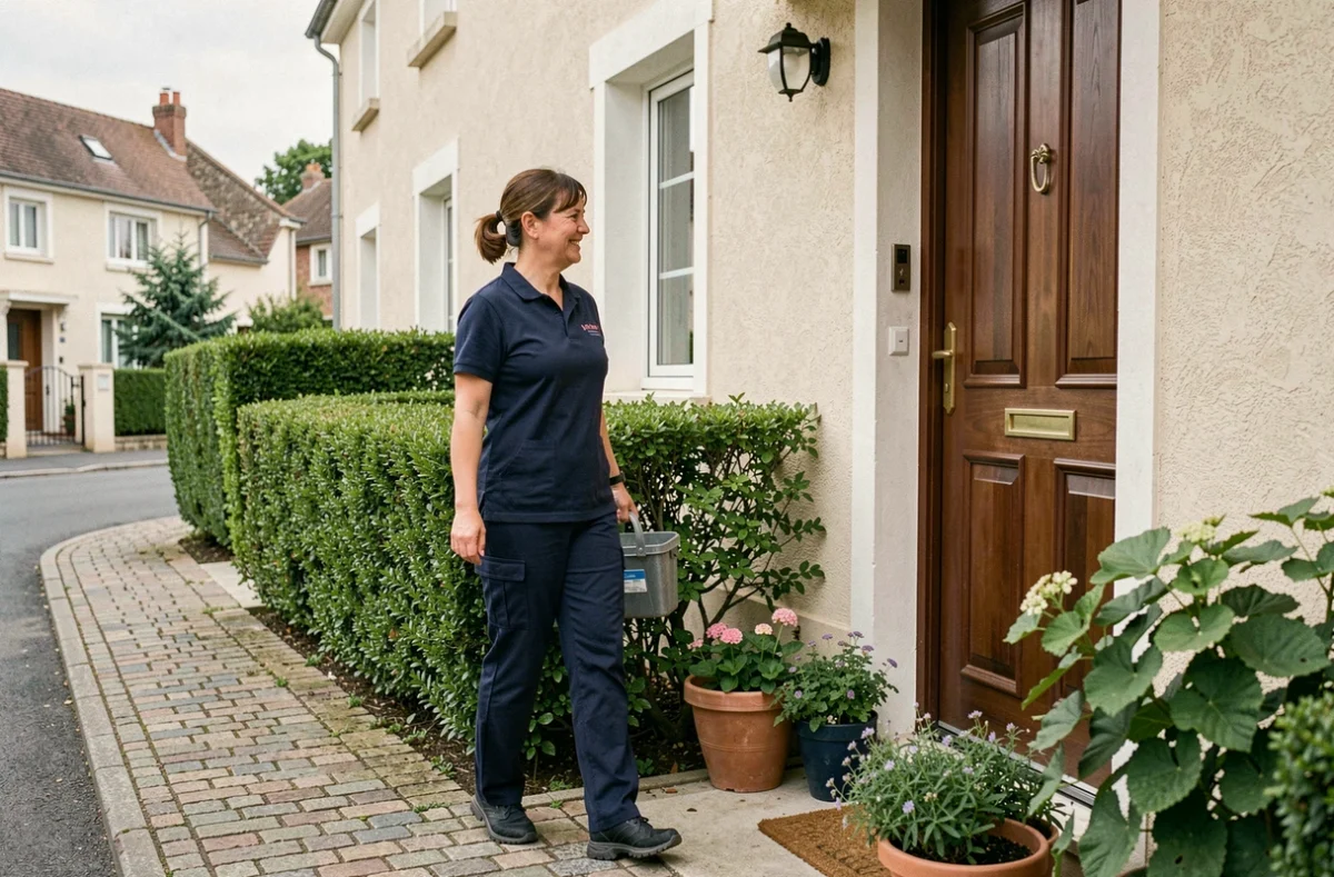 Employée de Lebe Services - Service à la Personne arrivant chez un client pour un entretien de jardin