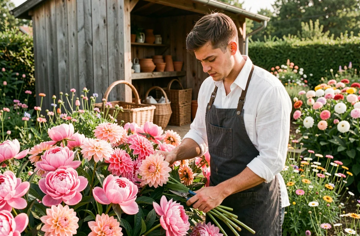 Jardinier fleuriste des Fleurs Du Bien sélectionnant des fleurs dans un jardin cultivé avec soin