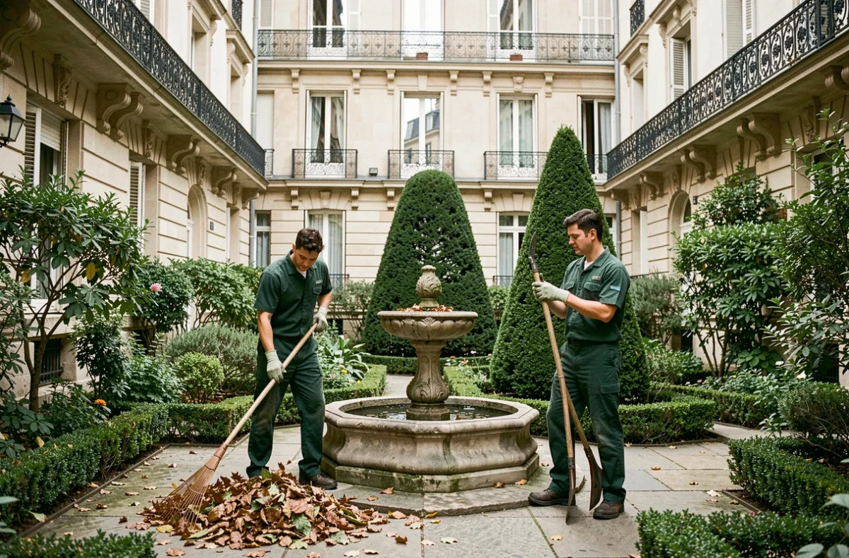Deux jardiniers des Jardiniers Parisiens entretenant un jardin de cour de style parisien classique