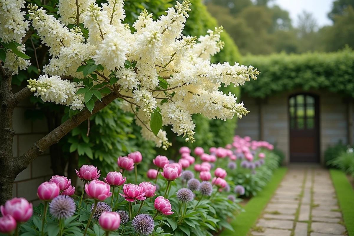Lilas du Japon en fleurs associé à des pivoines roses et des alliums dans un jardin de style cottage avec chemin en pierre