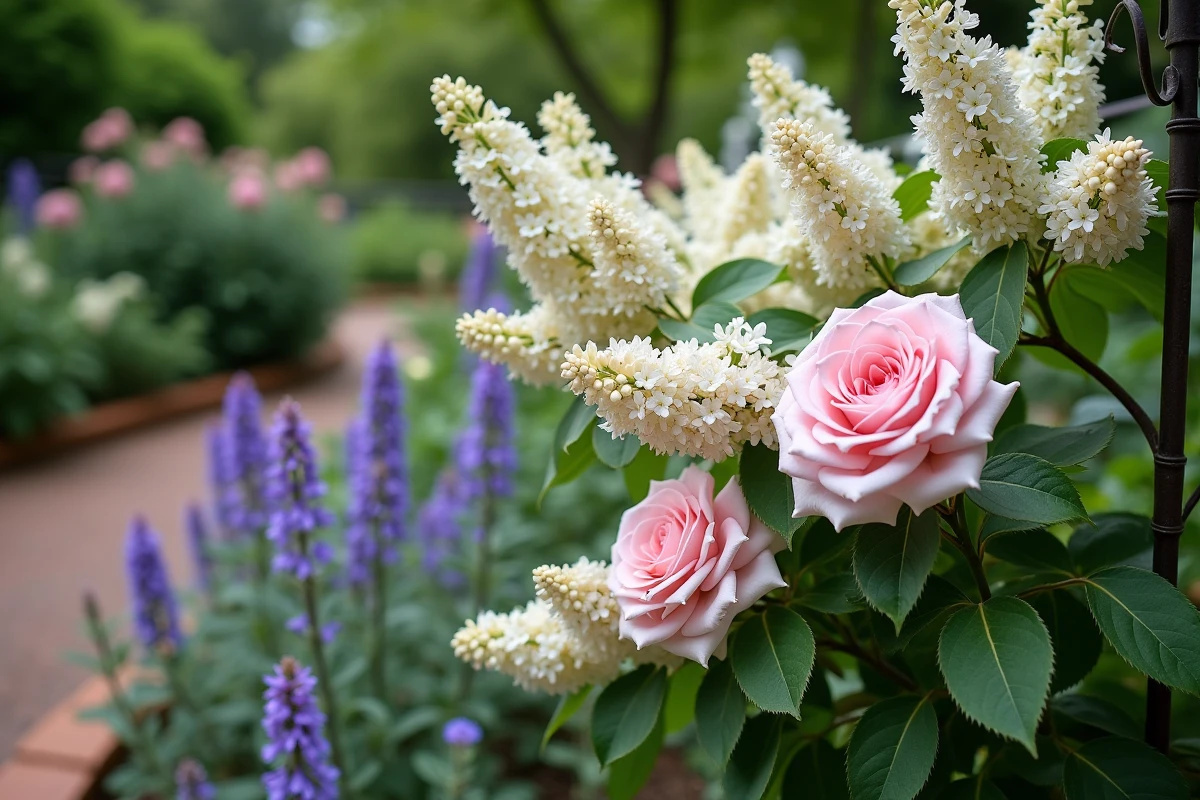 Branche de lilas du Japon aux fleurs blanches associée à des rosiers grimpants roses et de la sauge violette dans une bordure de jardin anglais