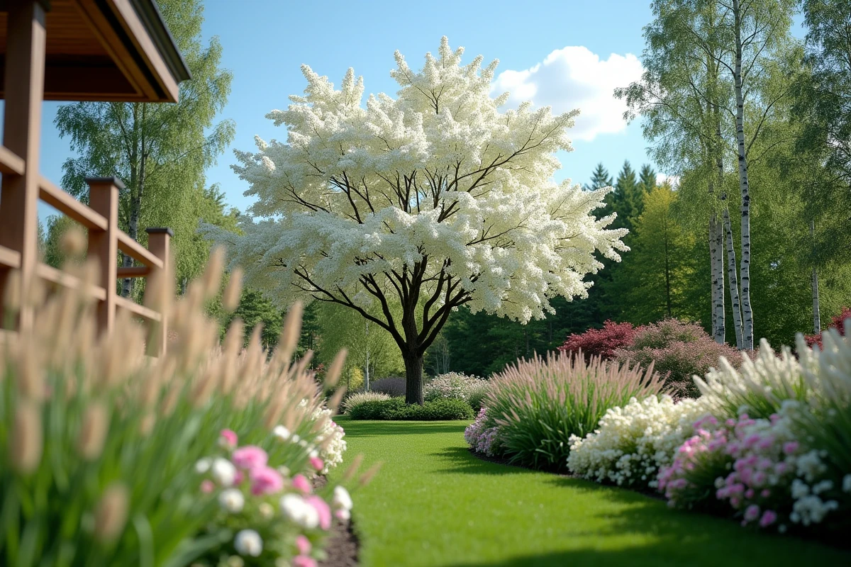 Vue en contre-plongée d'un lilas du Japon en fleurs dominant une plantation de vivaces avec géraniums roses, graminées et astrantias blancs