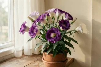 Plant de lisianthus en fleurs violettes et blanches posé sur un rebord de fenêtre en bois avec un arrière-plan d'intérieur flou