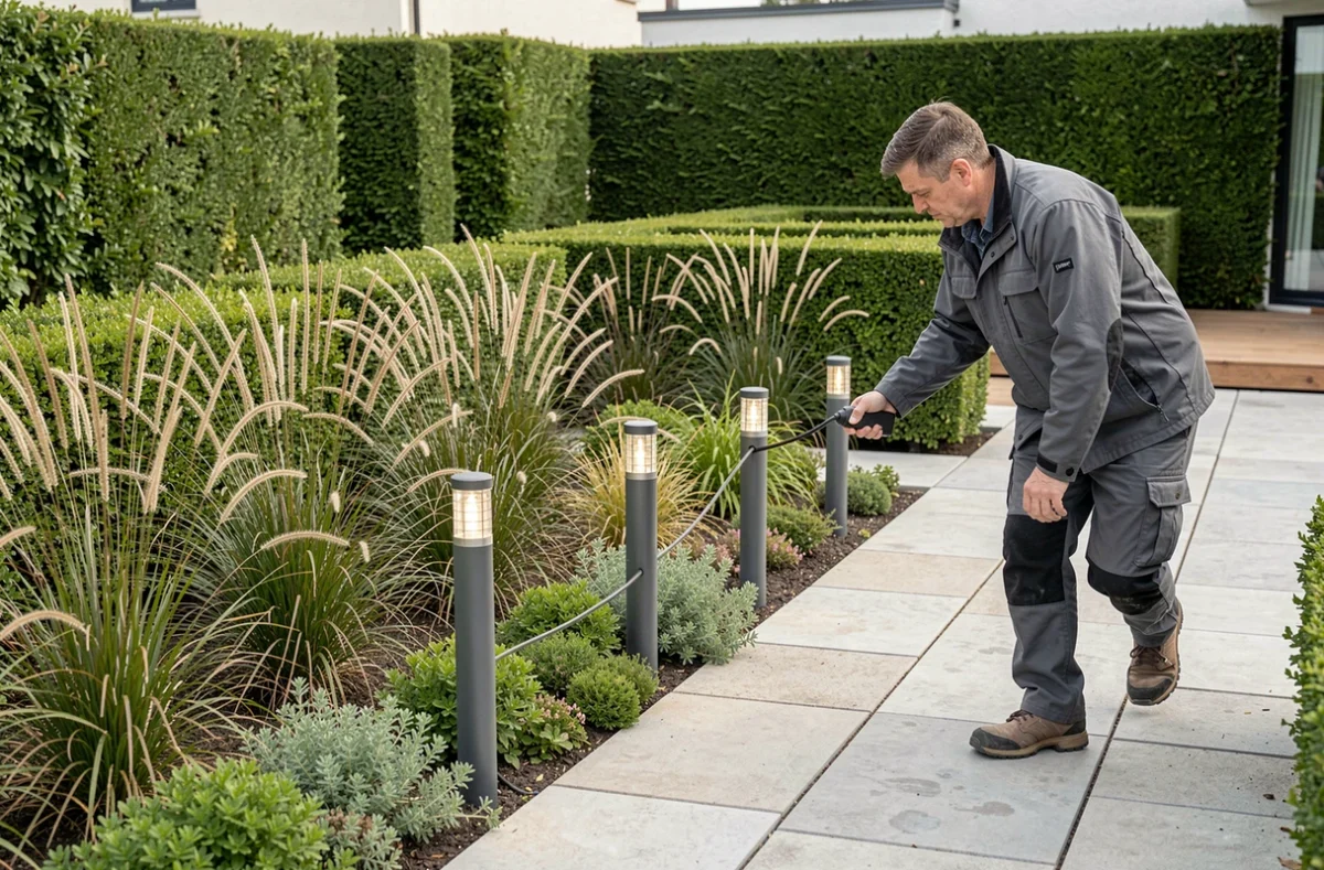 Paysagiste de Lumières et Jardins installant des luminaires de chemin solaires dans un jardin contemporain aménagé