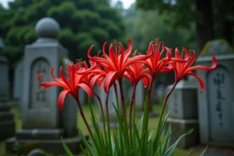Fleurs de Lycoris radiata rouge vif poussant dans un cimetière japonais traditionnel au crépuscule, entourées de pierres tombales couvertes de mousse