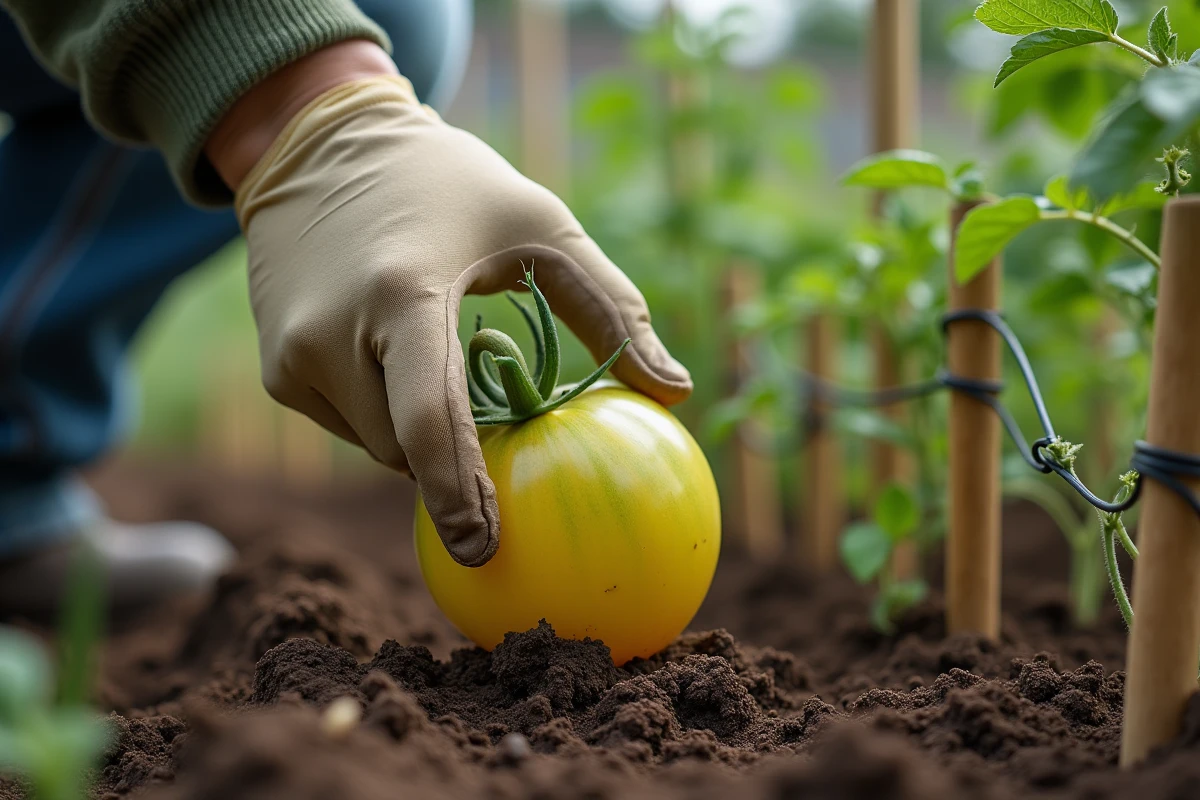 Main gantée soulevant une feuille de tomate jaunie
