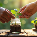Main de jardinier trempant une plante dans un pot d'hormone de racine maison