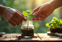 Main de jardinier trempant une plante dans un pot d'hormone de racine maison