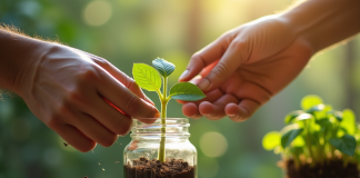 Main de jardinier trempant une plante dans un pot d'hormone de racine maison