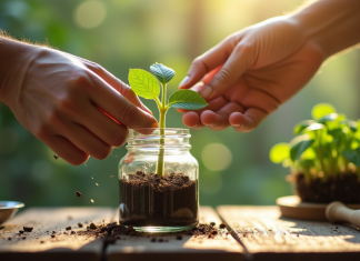 Main de jardinier trempant une plante dans un pot d'hormone de racine maison