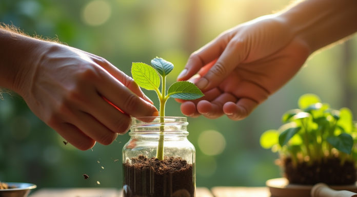 Main de jardinier trempant une plante dans un pot d'hormone de racine maison