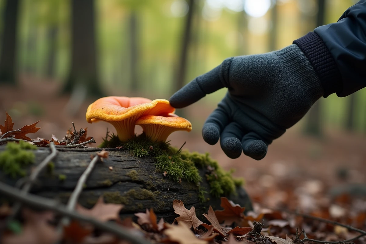 Mains gantées pointant un champignon orange sur un bois