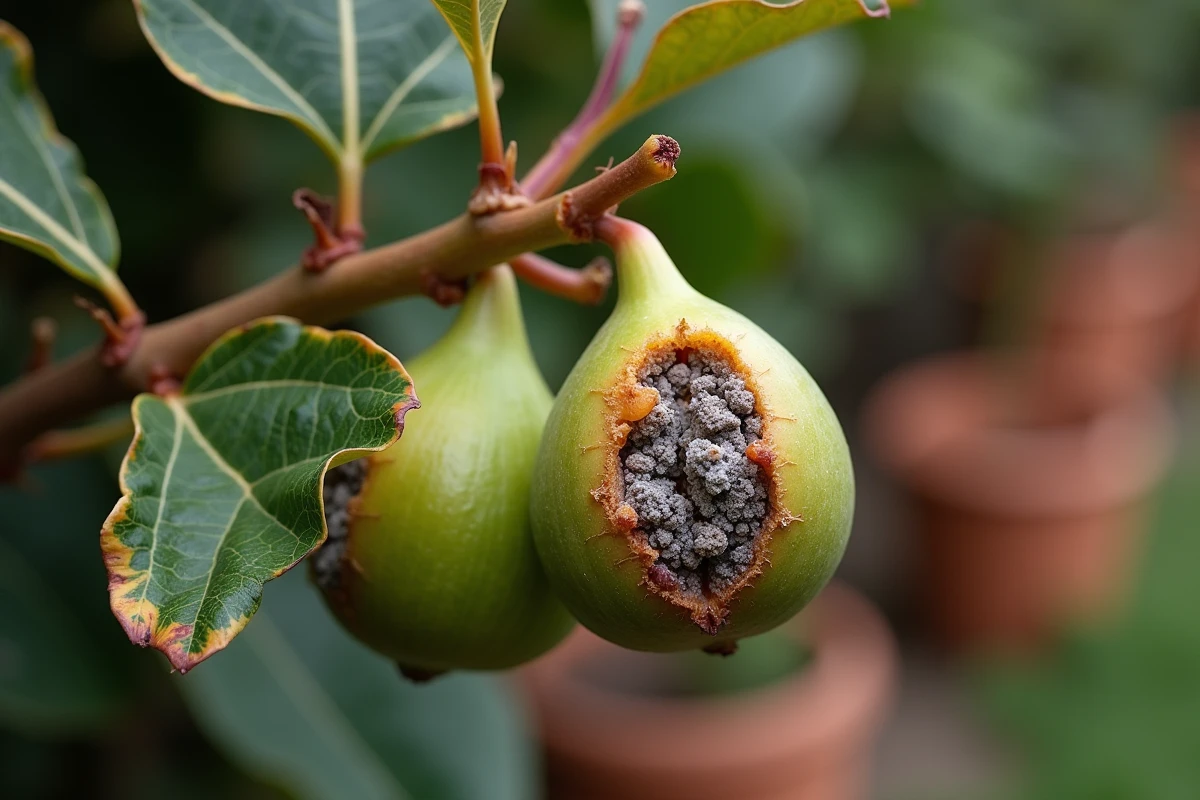 Branche de figuier malade avec taches sur les feuilles et fruit pourri recouvert de moisissure grise en gros plan