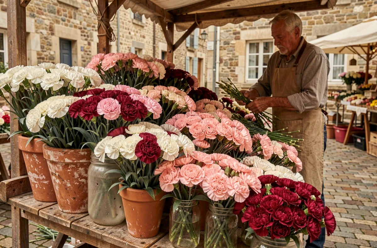 Étal de marché provençal rempli d'œillets multicolores en pots et bocaux en verre