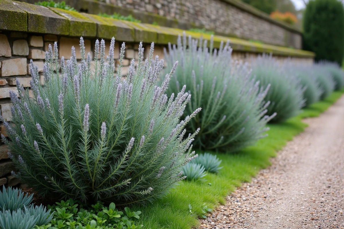 Massif de jardin avec sauges arbustives taillées et non taillées en comparaison au début du printemps