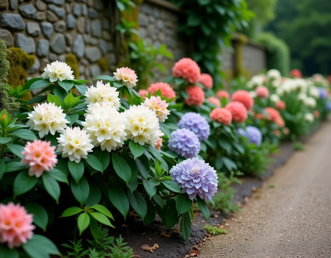 Massif de jardin avec rhododendrons blancs et corail mélangés à des hortensias lavande devant un mur en pierre couvert de mousse