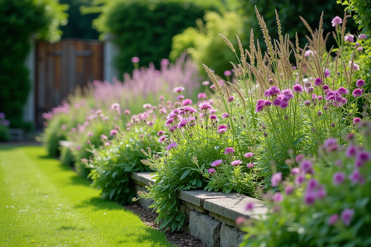 Massif de vivaces fleuries en plein été dans un jardin de particulier
