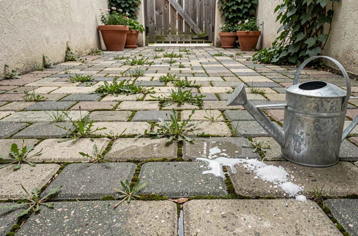 Mauvaises herbes entre les pavés d'une allée traitées avec un désherbant naturel au vinaigre et sel