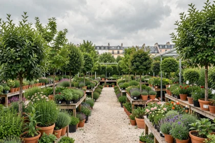 Vue générale d'une pépinière jardinerie dans les Hauts-de-Seine avec des rangées de plantes en pot sur des allées gravillonnées