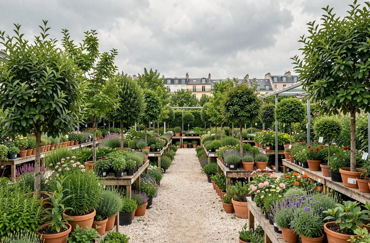 Vue générale d'une pépinière jardinerie dans les Hauts-de-Seine avec des rangées de plantes en pot sur des allées gravillonnées