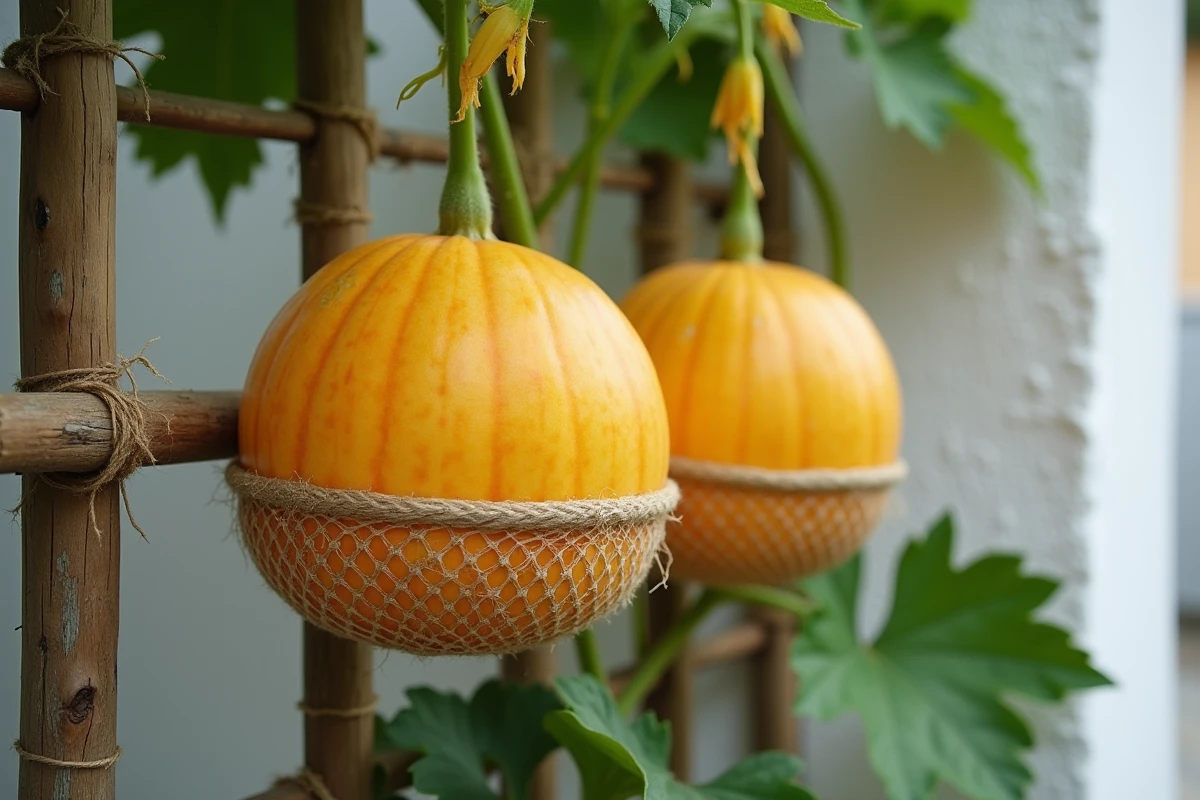 Melons charentais mûrs suspendus dans des filets sur un treillage vertical fixé contre un mur de balcon