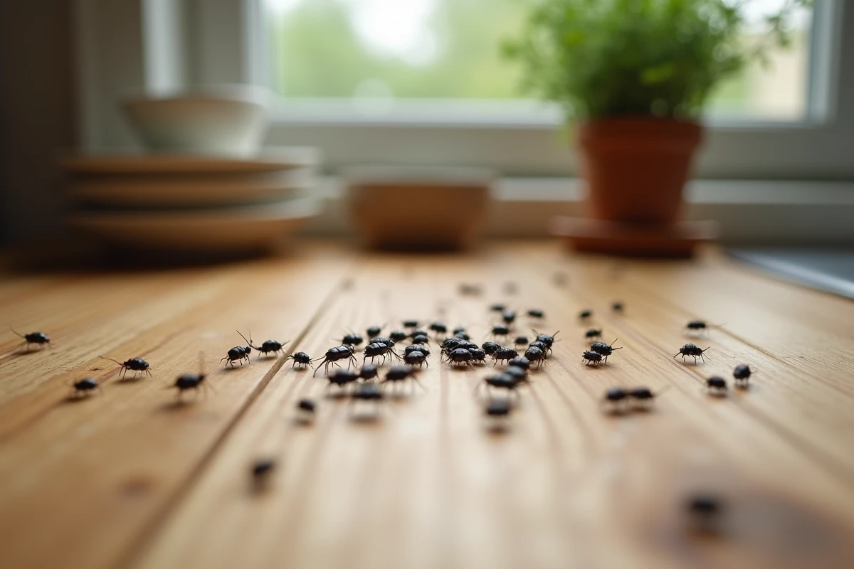 Minuscules insectes noirs sur un plan de travail en bois de cuisine, vue macro de dessus