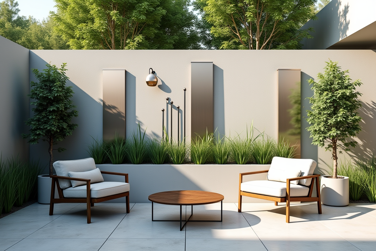 Mur de jardin moderne avec panneaux en métal et plantes verticales