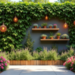 Mur de jardin extérieur avec plantes grimpantes et fleurs colorées
