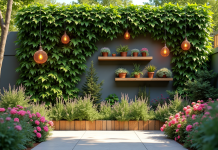 Mur de jardin extérieur avec plantes grimpantes et fleurs colorées