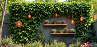 Mur de jardin extérieur avec plantes grimpantes et fleurs colorées