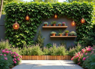 Mur de jardin extérieur avec plantes grimpantes et fleurs colorées
