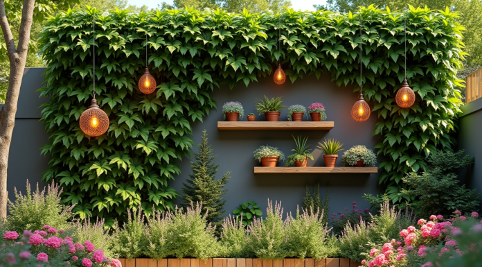 Mur de jardin extérieur avec plantes grimpantes et fleurs colorées