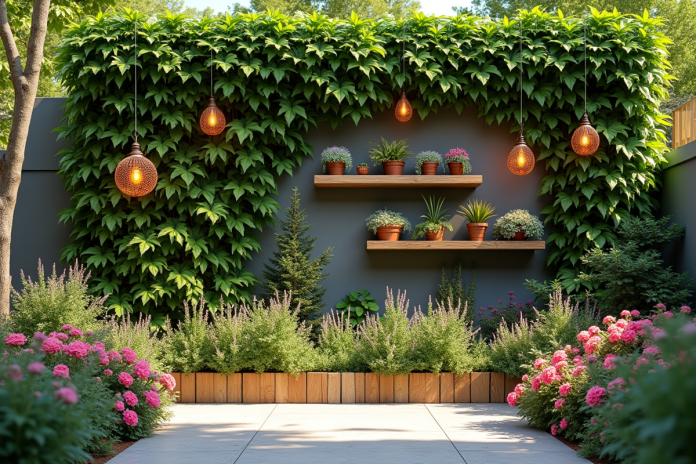 mur-jardin-vegetal Mur de jardin extérieur avec plantes grimpantes et fleurs colorées