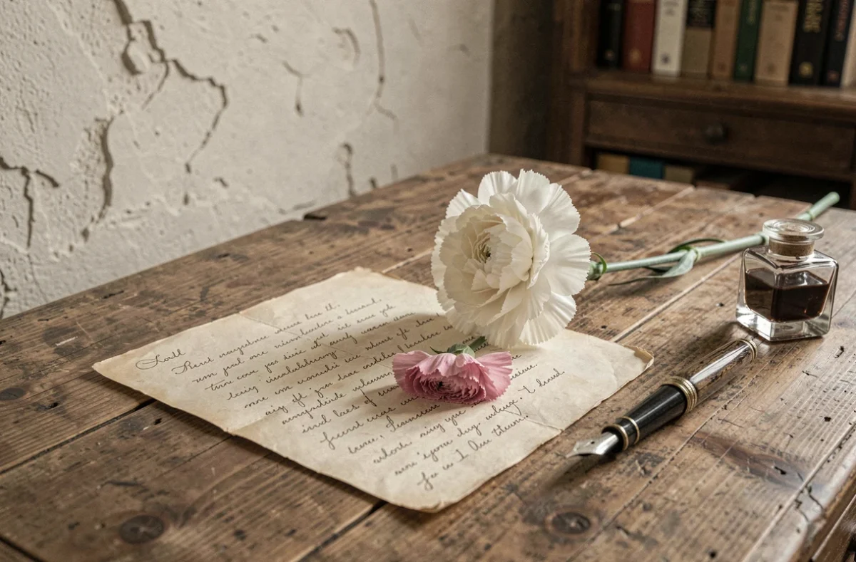 Œillet blanc posé sur une lettre manuscrite ancienne avec encrier et plume sur un bureau en bois patiné