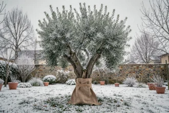 Olivier en pot dans un jardin d'hiver enveloppé dans de la toile de jute pour le protéger du gel
