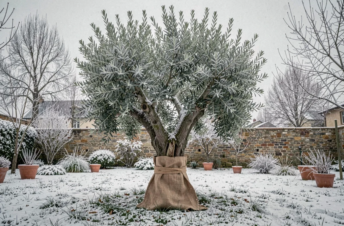 Olivier en pot dans un jardin d'hiver enveloppé dans de la toile de jute pour le protéger du gel