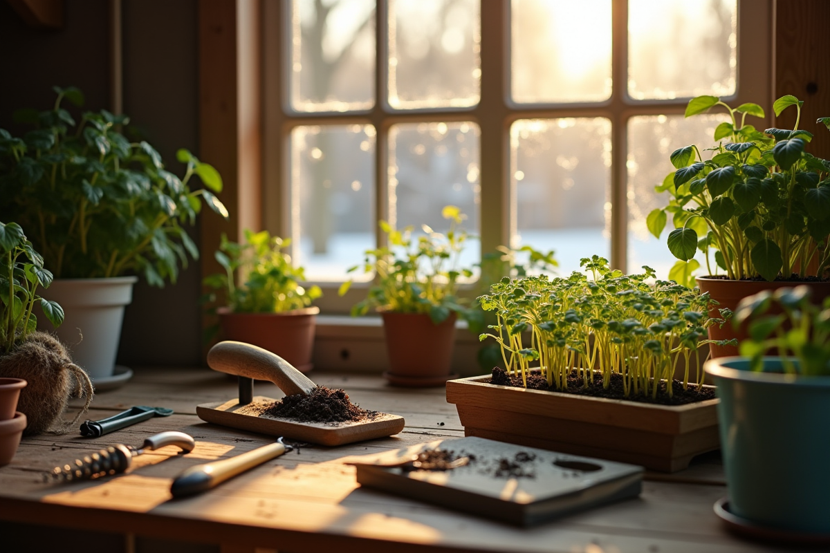 Outils de jardinage et jeunes plants dans une serre lumineuse