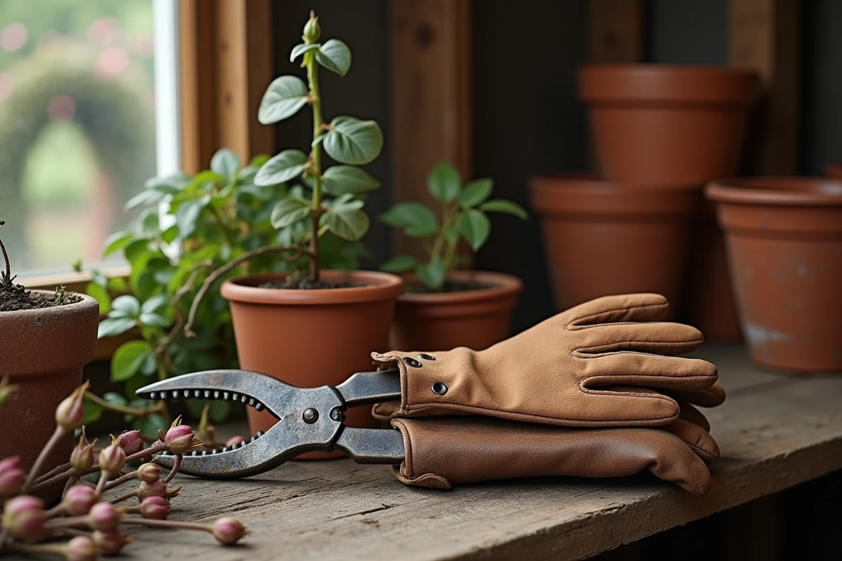 Gants de jardinage et sécateur posés près de tiges de rosiers taillées dans un atelier de jardin